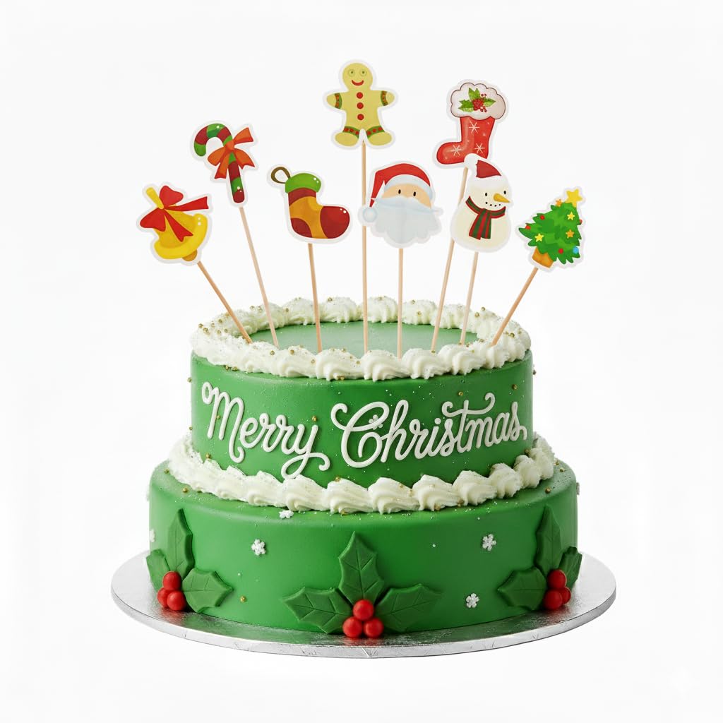 Christmas Cake Topper Long Cupcake Decoration Cartoon Xmas Cocktail Drink Stick Appetiser Buffet Fruit Toothpick 7" (Pack of 8)