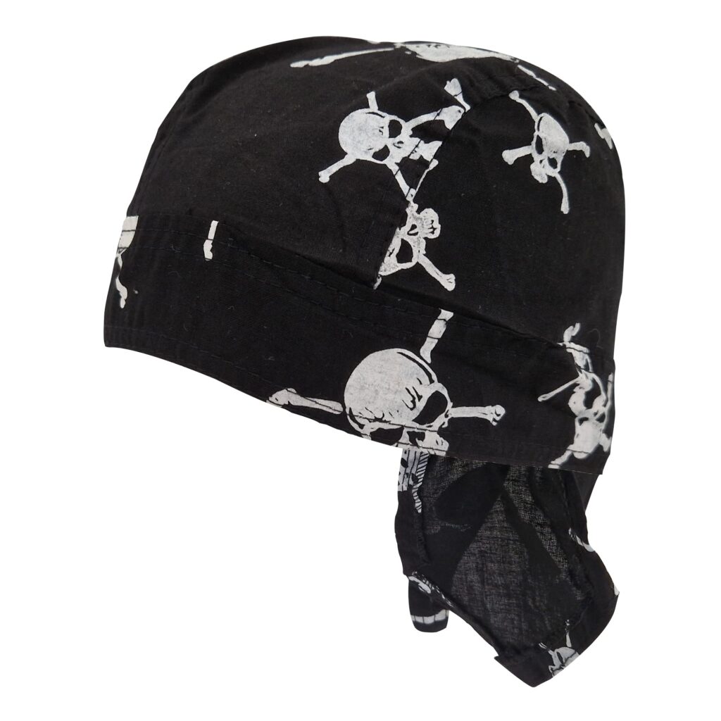 Skull Crossbones Zandana Black Tie Bandana Style Fitted Skull Cap Biker Pirate Durag Cotton Breathable Sports Hat