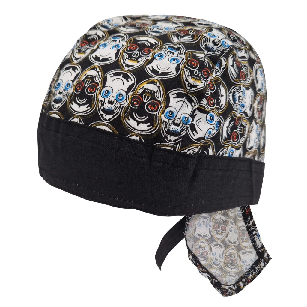 Mini Skulls Zandana Black Tie Bandana Style Fitted Skull Cap Biker Pirate Durag Cotton Breathable Sports Hat