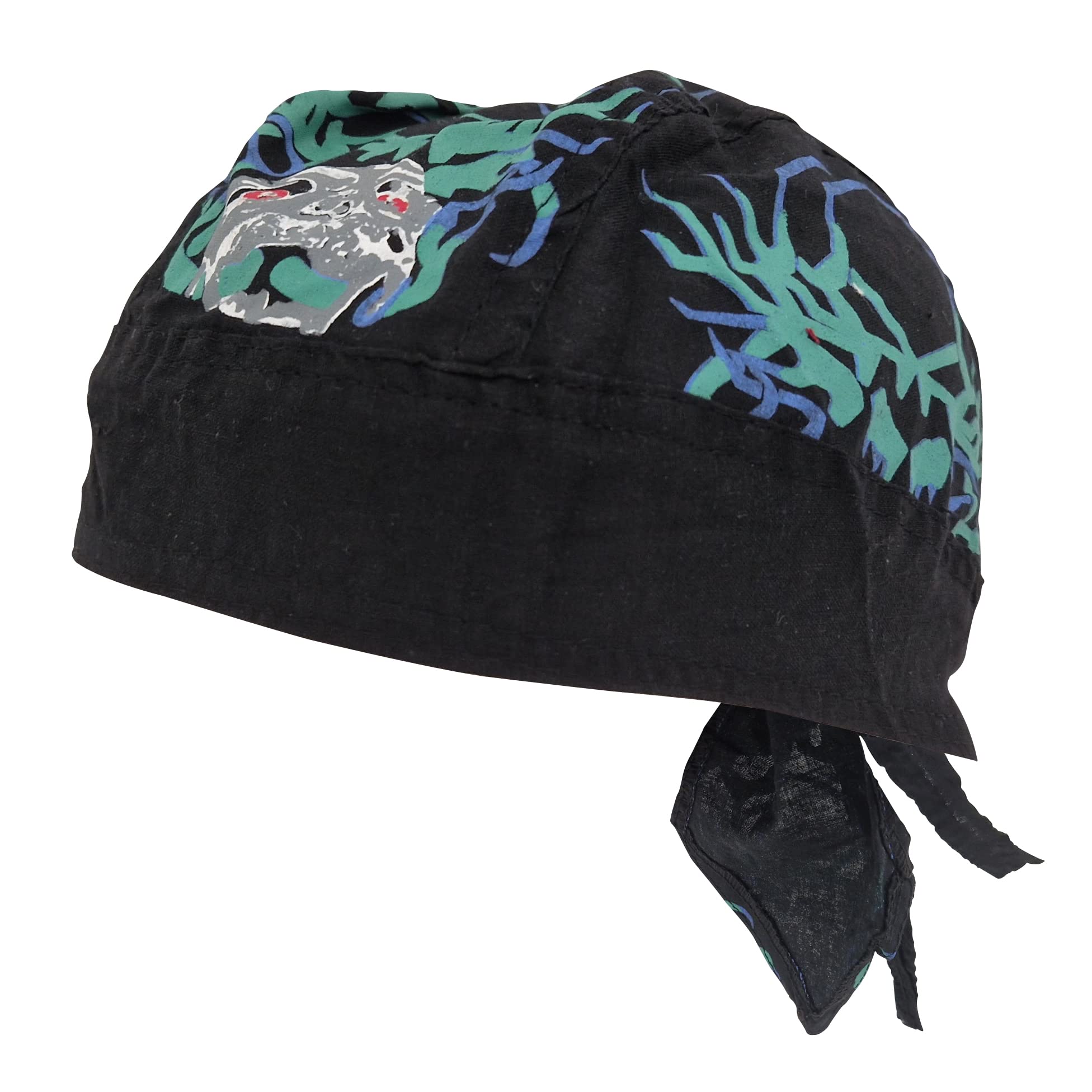 Green Tribal Zandana Black Tie Bandana Style Fitted Skull Cap Biker Pirate Durag Cotton Breathable Sports Hat