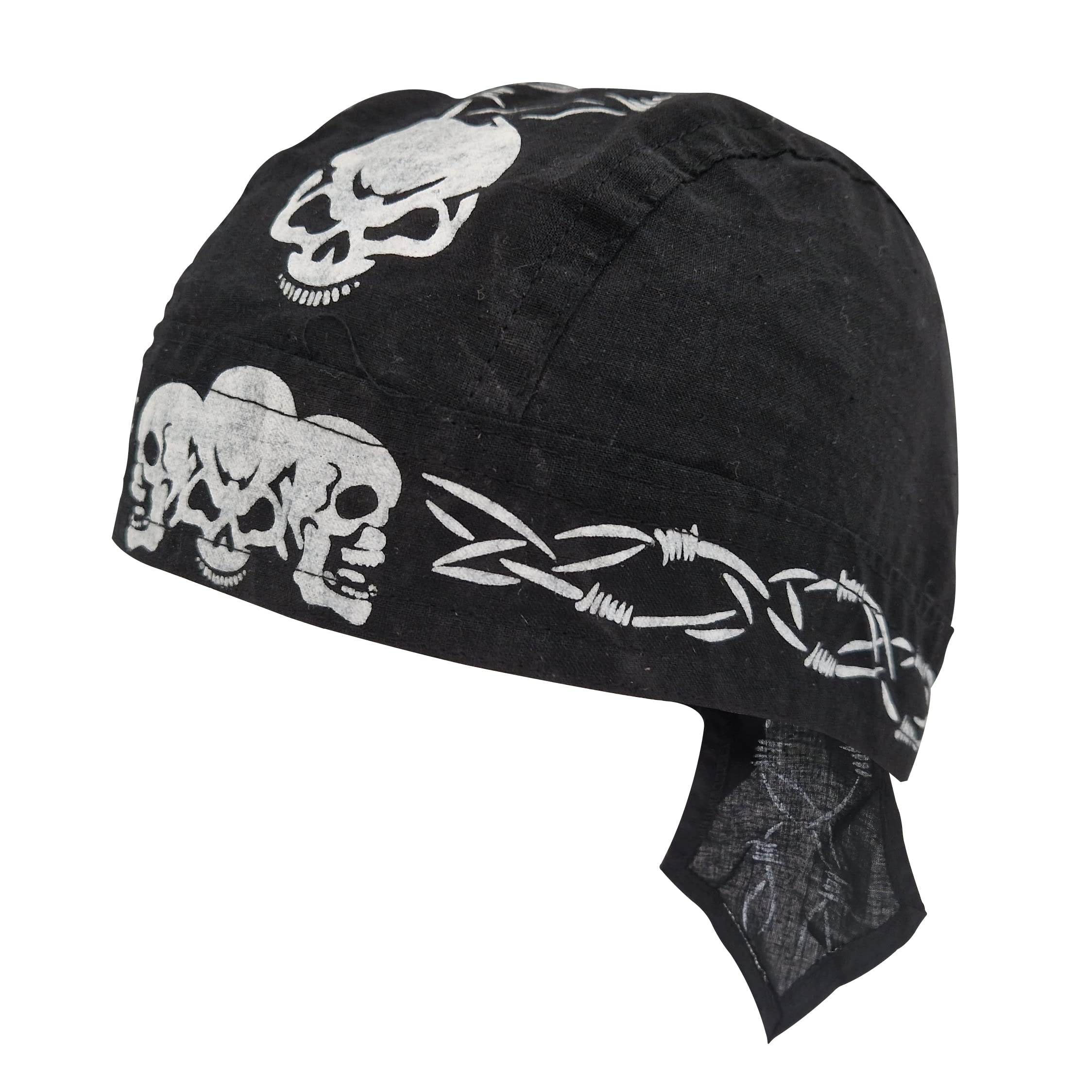 Barbed Wire Zandana Black Tie Bandana Style Fitted Skull Cap Biker Pirate Durag Cotton Breathable Sports Hat