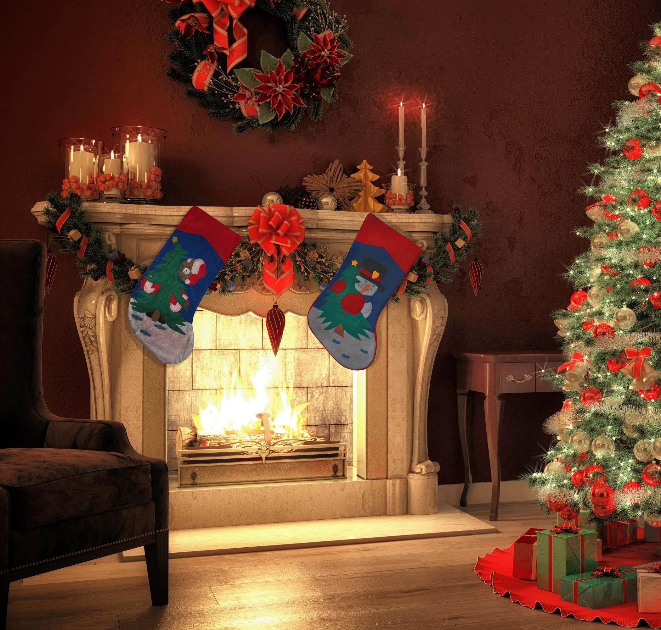 100 x Christmas Stocking Mixed Design - Traditional Red Felt Sack, Perfect Xmas Gift Holder Decoration, Fireplace Mantel Holiday Display