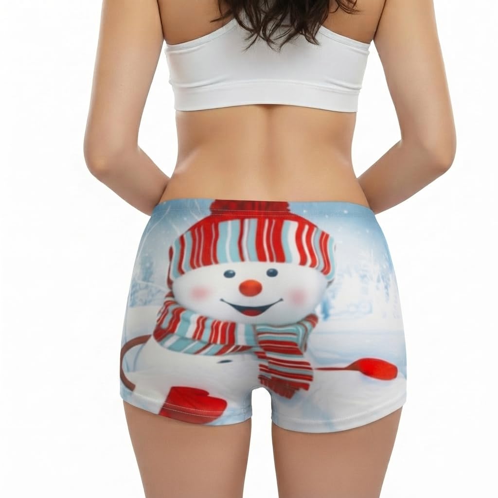 Christmas Booty Shorts Red Snowman Tree - Women's Cute Festive Xmas Short, Comfy Fun Mid-Rise Girls Lounge PJ Bottoms, Gift Stocking Filler Size 8-12
