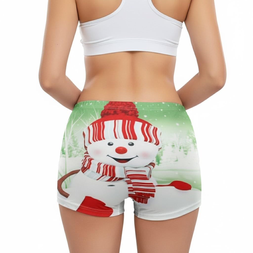 Christmas Booty Shorts Green Snowman Tree - Women's Cute Festive Xmas Short, Comfy Fun Mid-Rise Girls Lounge PJ Bottoms, Gift Stocking Filler Size 8-12
