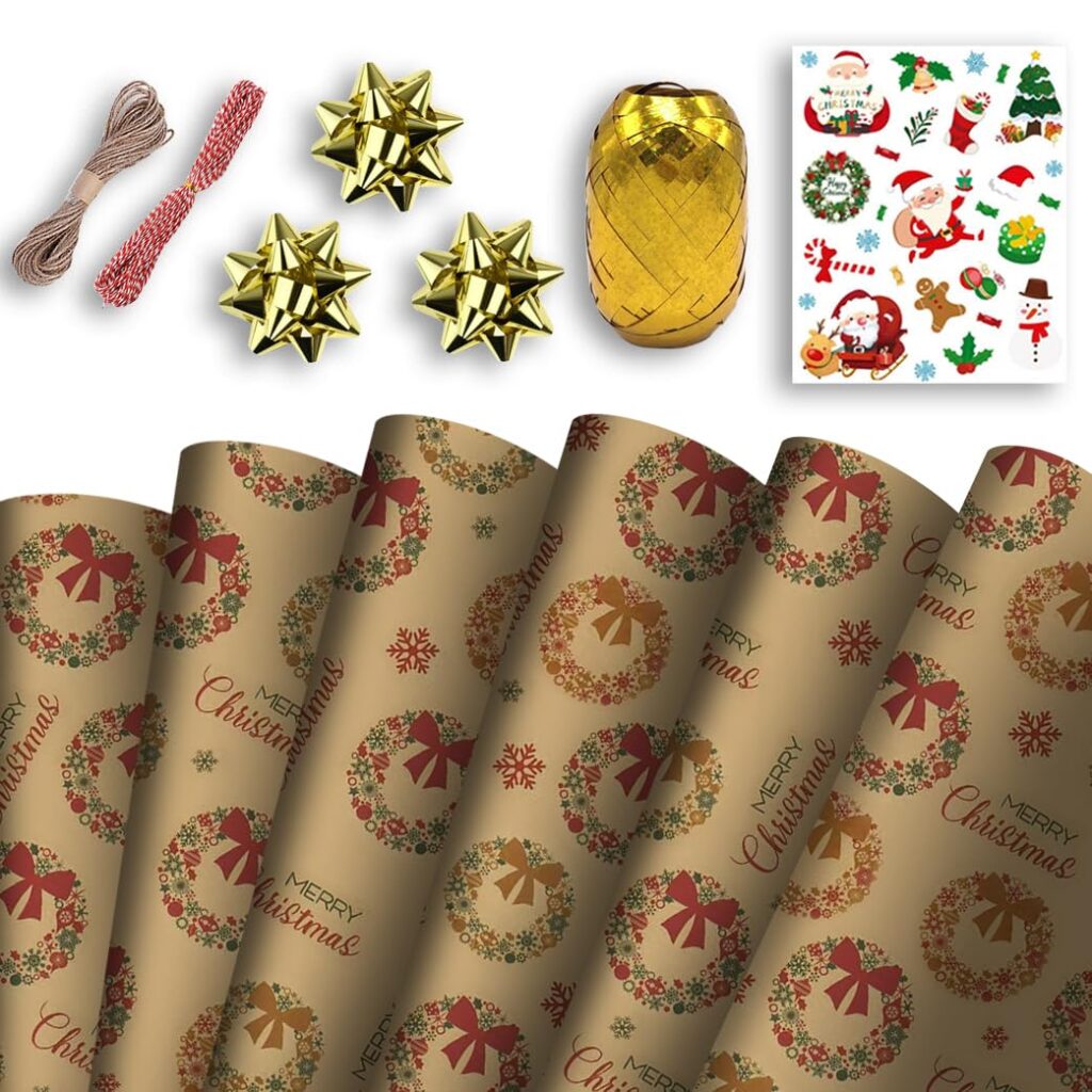 Christmas Wrapping Mega Kit: 10 Sheets Classic Kraft Festive Traditional Pattern Present Gift Wrap Roll | 70cm x 50cm Wrap Paper Design | Complete Xmas Package Set | String, Stickers, Bows, Ribbons