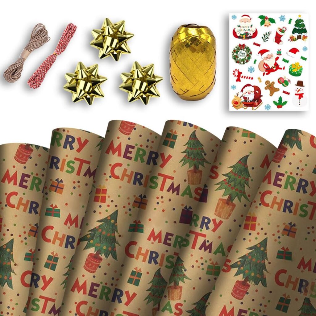 Christmas Wrapping Mega Kit: 10 Sheets Classic Kraft Festive Traditional Pattern Present Gift Wrap Roll | 70cm x 50cm Wrap Paper Design | Complete Xmas Package Set | String, Stickers, Bows, Ribbons