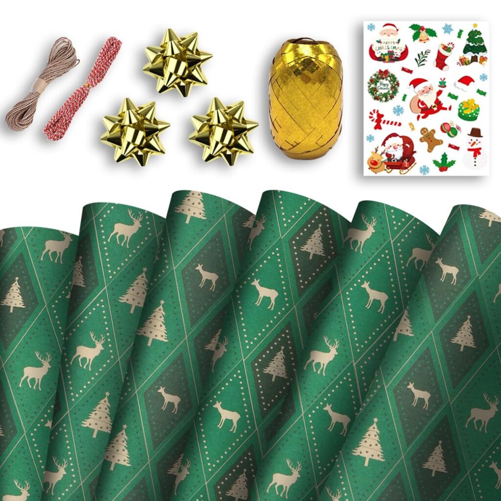 Christmas Wrapping Mega Kit: 10 Sheets Classic Kraft Festive Traditional Pattern Present Gift Wrap Roll | 70cm x 50cm Wrap Paper Design | Complete Xmas Package Set | String, Stickers, Bows, Ribbons