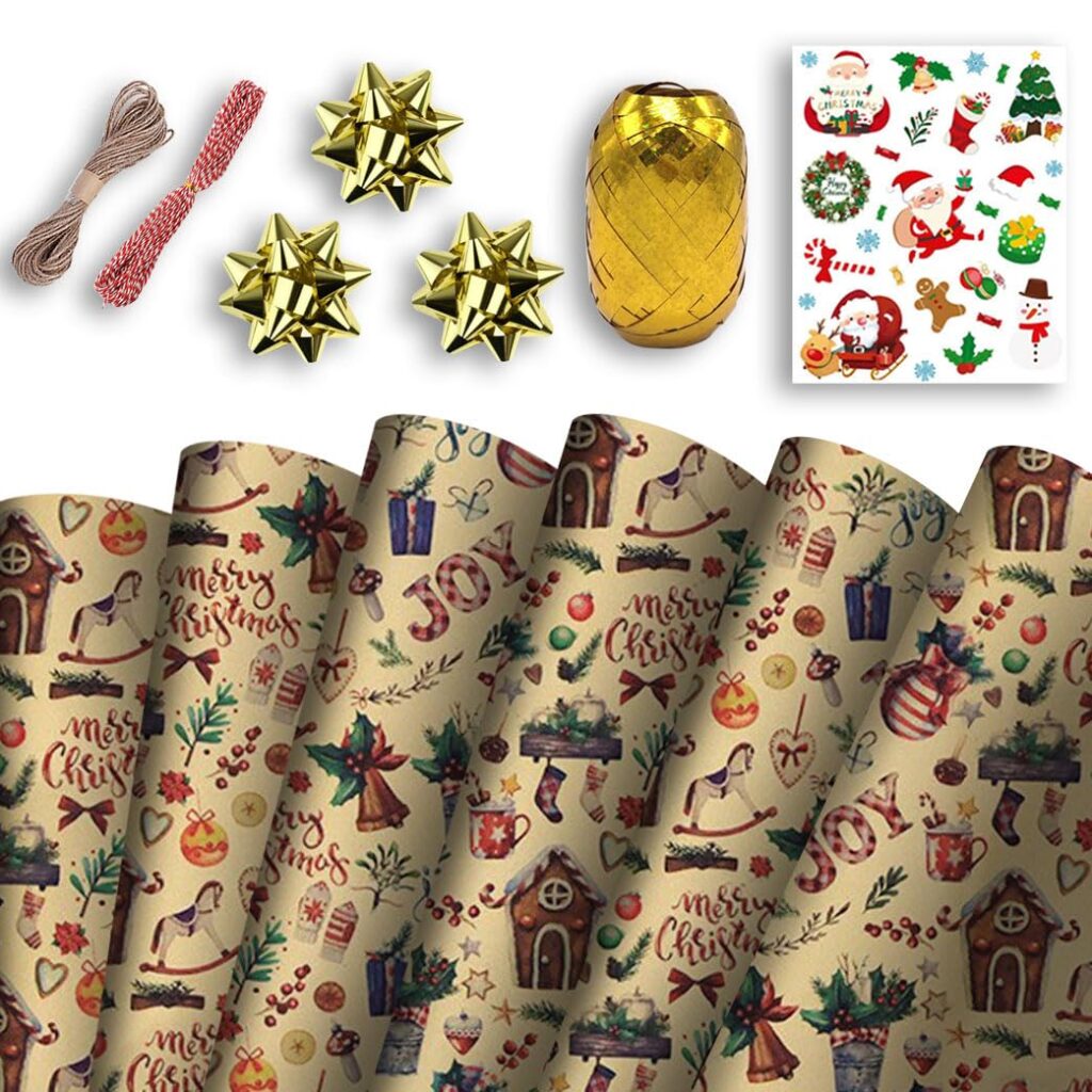 Christmas Wrapping Mega Kit: 10 Sheets Classic Kraft Festive Traditional Pattern Present Gift Wrap Roll | 70cm x 50cm Wrap Paper Design | Complete Xmas Package Set | String, Stickers, Bows, Ribbons