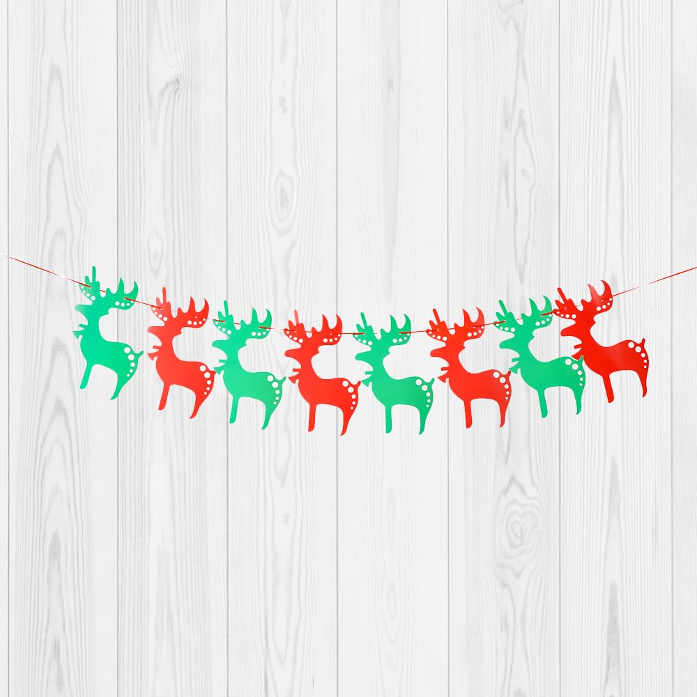 Christmas Banner Bunting - Reindeer Red Green Hanging Garland, Festive Xmas Party Decoration for Home Office Fireplace Holiday Decorations