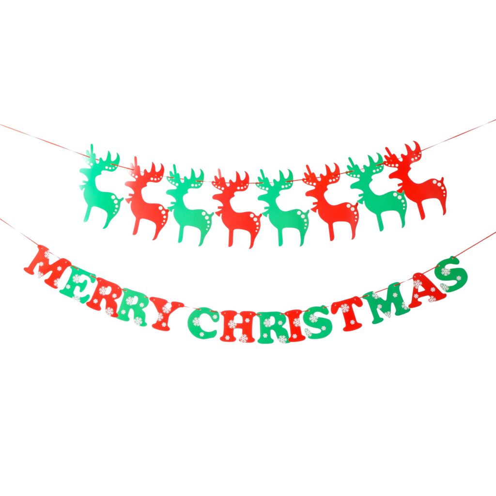 2 x Christmas Banner Bunting - Reindeer Merry Christmas Red Green Hanging Garland, Festive Xmas Party Decoration for Home Office Fireplace Holiday Decorations