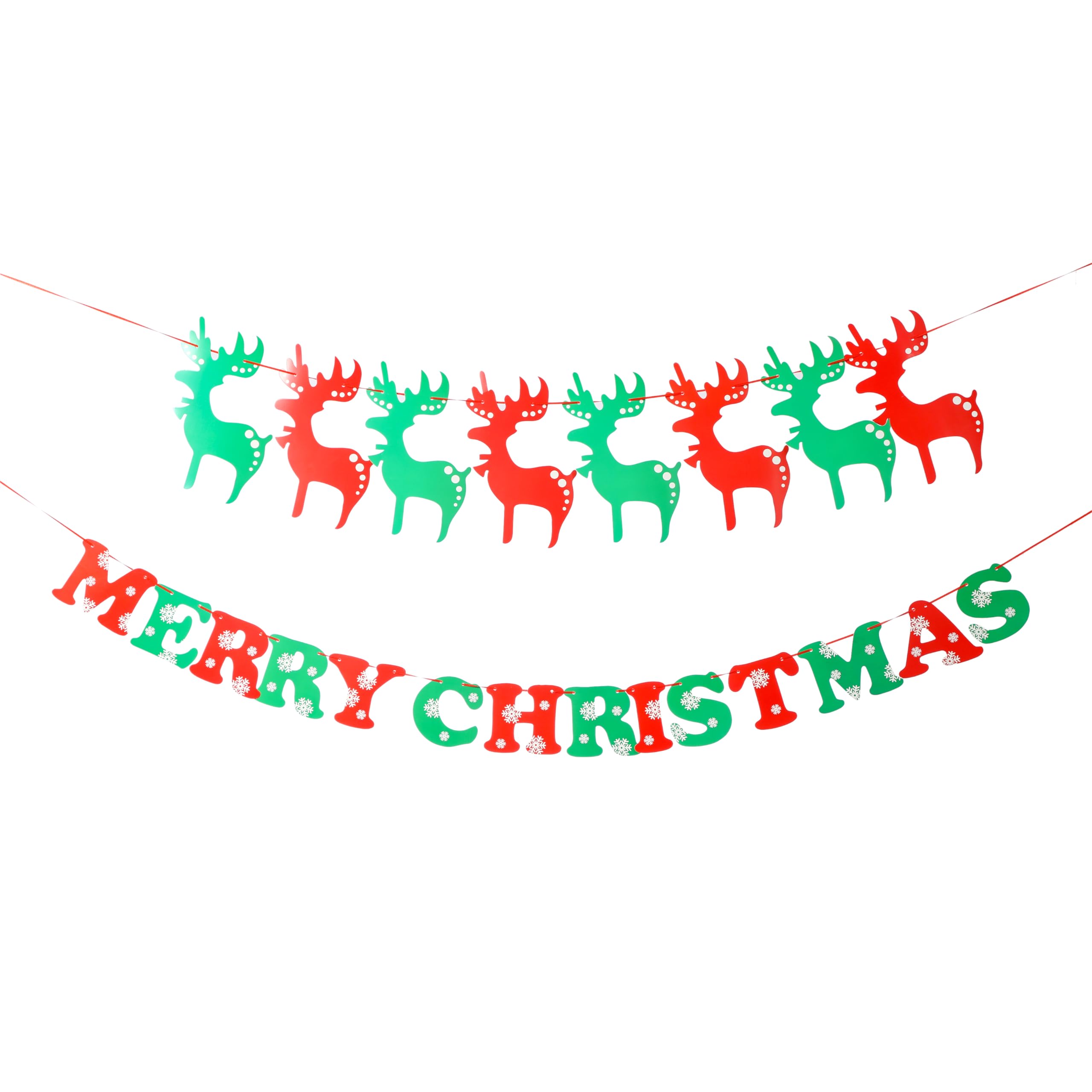 2 x Christmas Banner Bunting - Reindeer Merry Christmas Red Green Hanging Garland, Festive Xmas Party Decoration for Home Office Fireplace Holiday Decorations