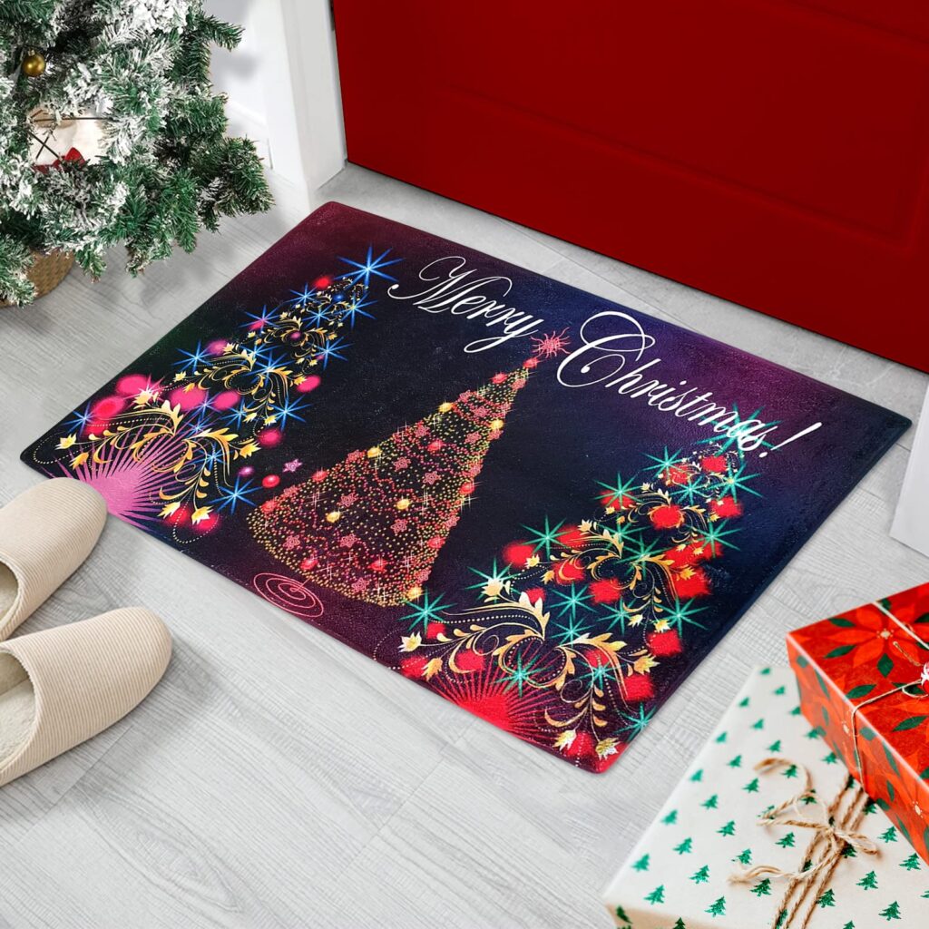 Xmas Themed Large Jumbo Oversized Merry Christmas Welcome Doormats Festive Holiday Decorations and Happy New Year Colourful Christmas Trees Door Mat 60cm x 90cm