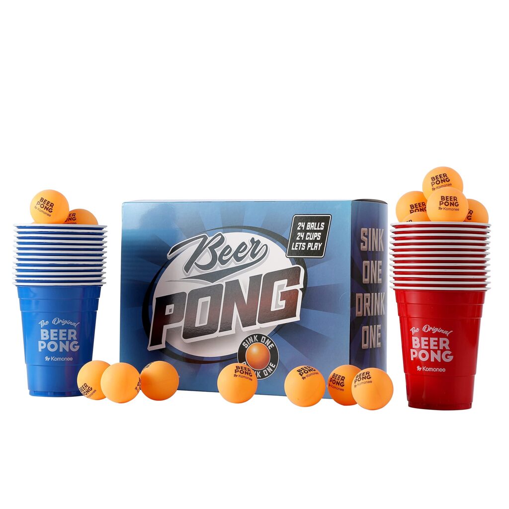 Beer Pong Set 48 PCS American 24 Printed Red Blue Reusable Cups 24 High Bounce ABS Orange Balls