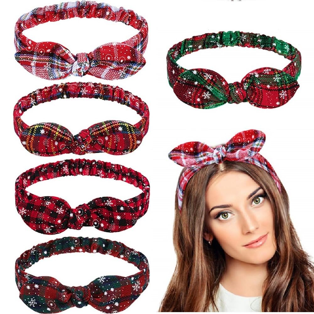 5 x Christmas Headband Bow Set - Soft Stretchy Elastic Alice Hair Band, Festive Xmas Head Wrap Form Women Girls, Comfortable Holiday Hair Accessory For Party Celebrations