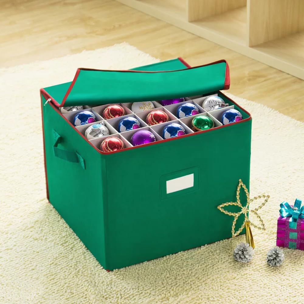 Bauble Storage Bag Green - Christmas Ornament Organiser with Divider Inserts, Potective Cube For Xmas Tree Decorations Holiday Accessories