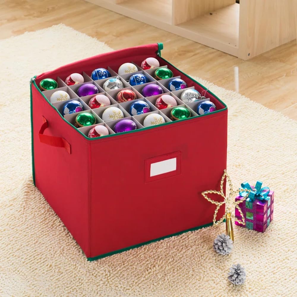 Bauble Storage Bag Red - Christmas Ornament Organiser with Divider Inserts, Potective Cube For Xmas Tree Decorations Holiday Accessories