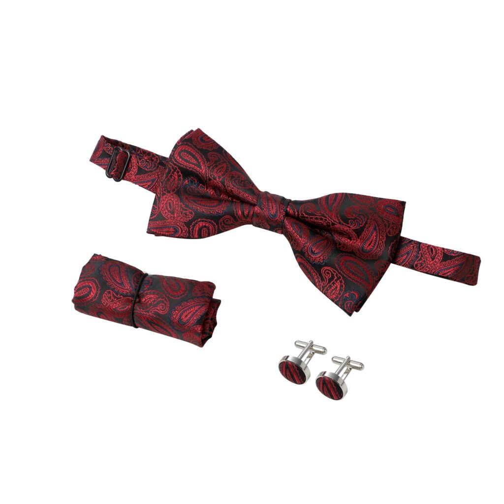 Bowtie Cufflinks Handkerchief Set Red and Black Floral Paisley Smart Wedding Party Suit Double Cuff Pair Pocket Square Pre Tied