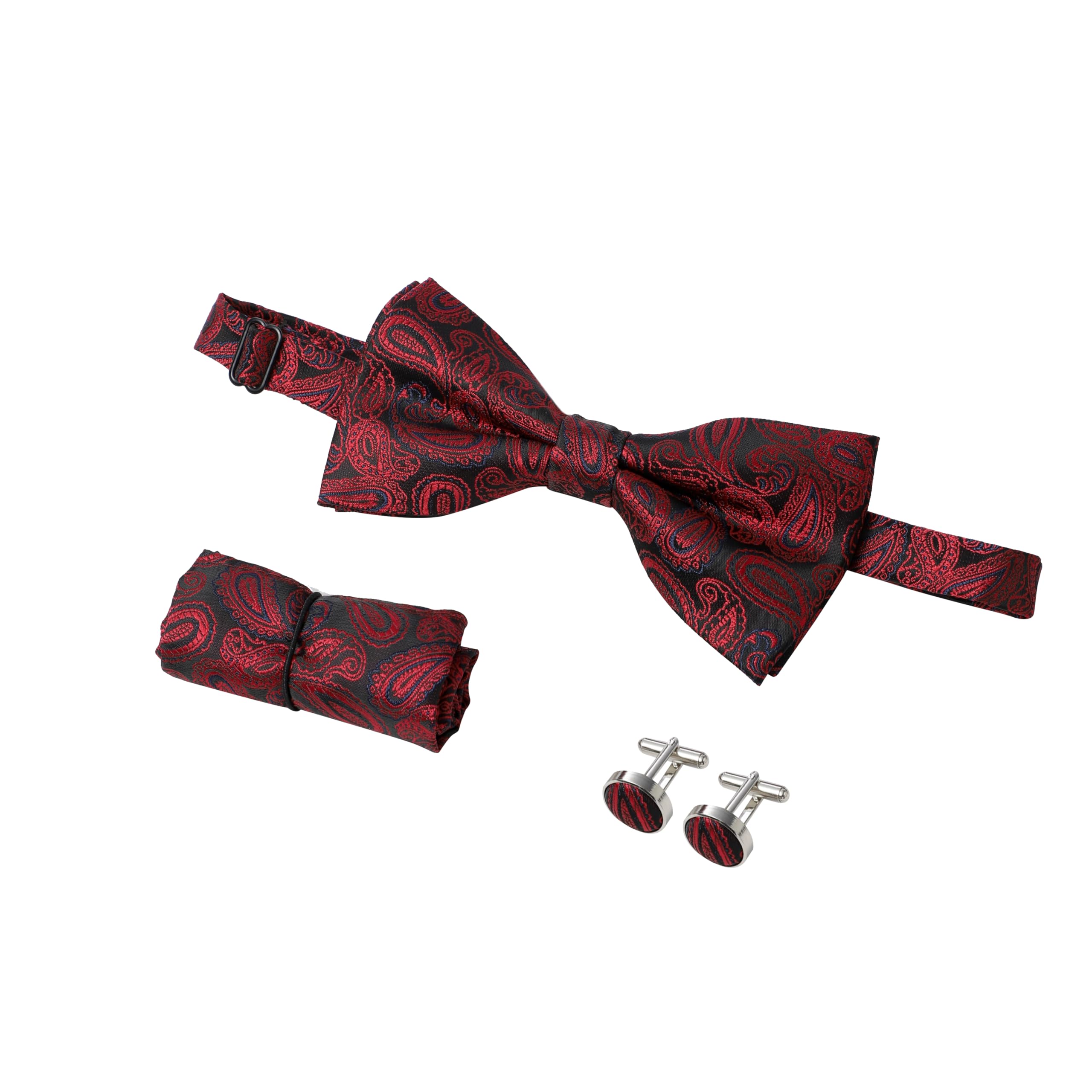 Bowtie Cufflinks Handkerchief Set Red and Black Floral Paisley Smart Wedding Party Suit Double Cuff Pair Pocket Square Pre Tied