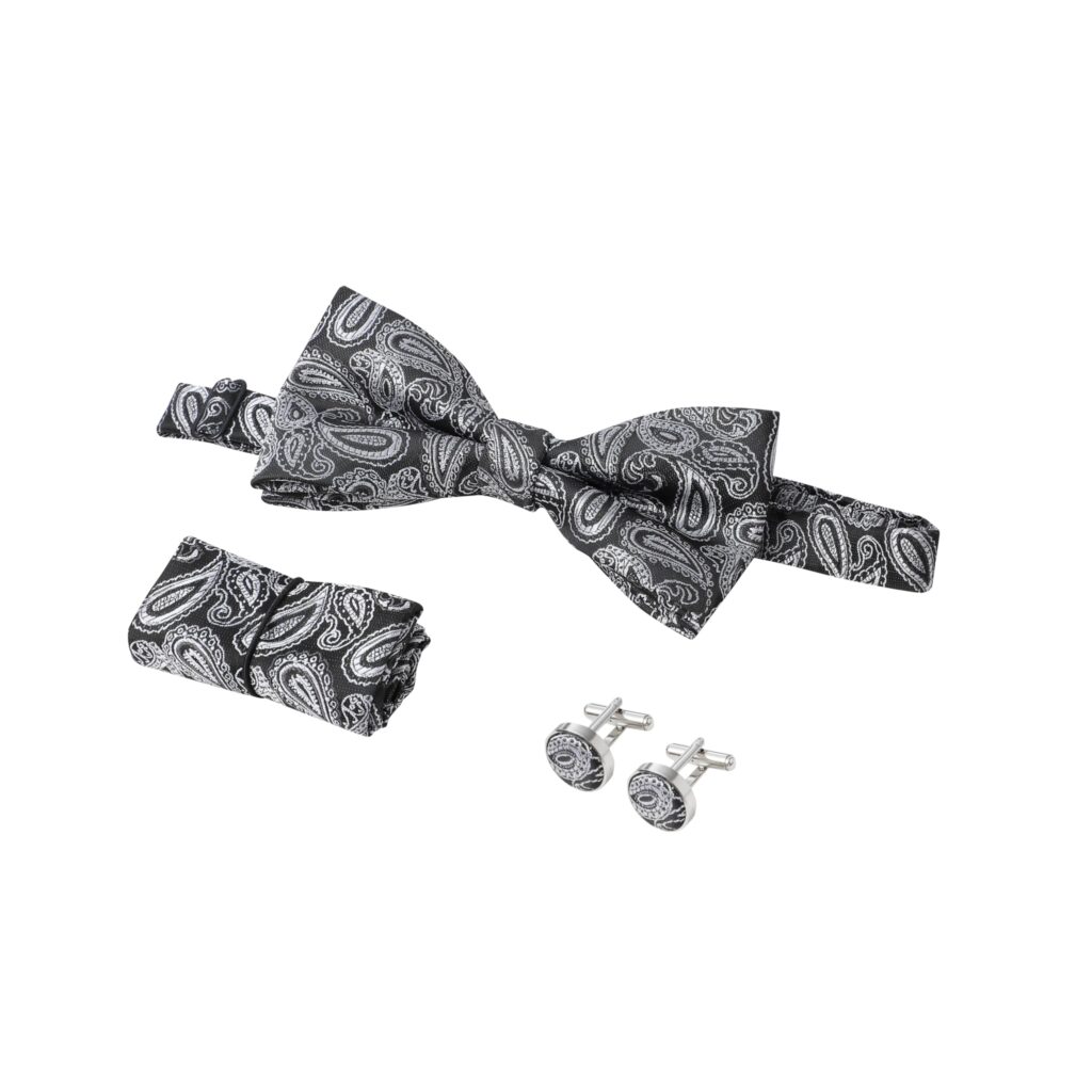 Bowtie Cufflinks Handkerchief Set Black and White Floral Paisley Smart Wedding Party Suit Double Cuff Pair Pocket Square Pre Tied