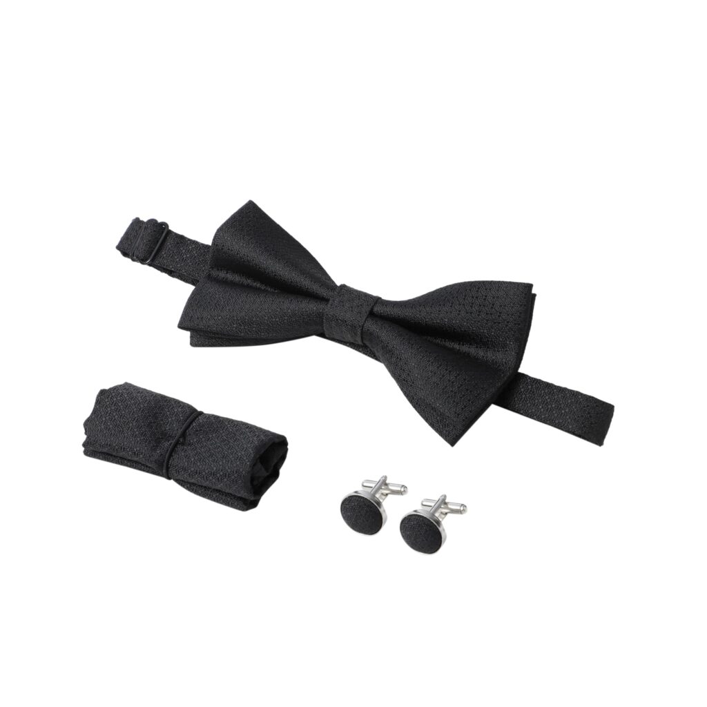 Bowtie Cufflinks Handkerchief Set Textured Black Smart Wedding Party Suit Double Cuff Pair Pocket Square Pre Tied