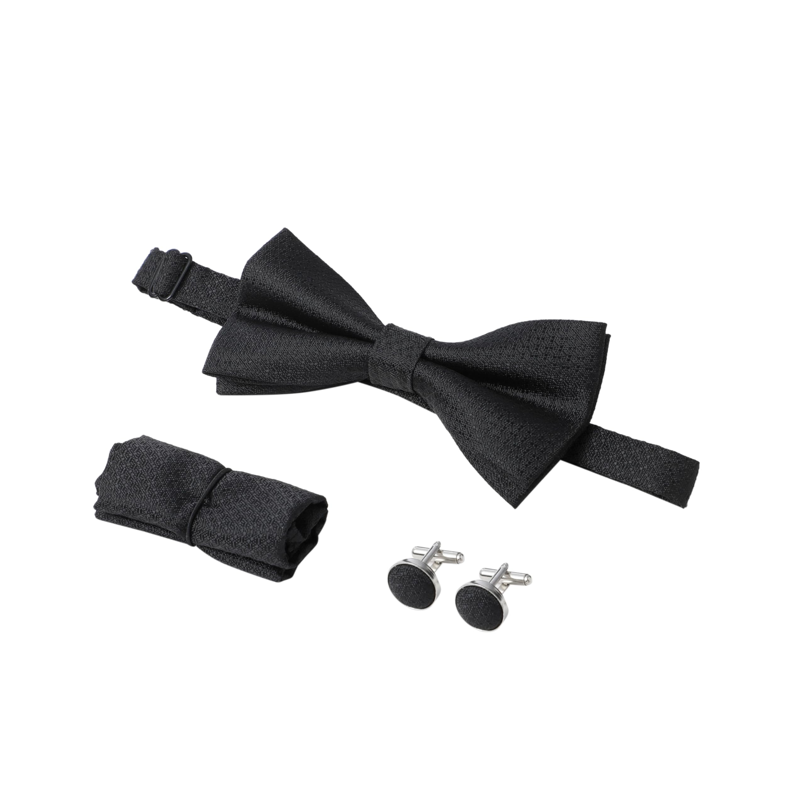 Bowtie Cufflinks Handkerchief Set Textured Black Smart Wedding Party Suit Double Cuff Pair Pocket Square Pre Tied