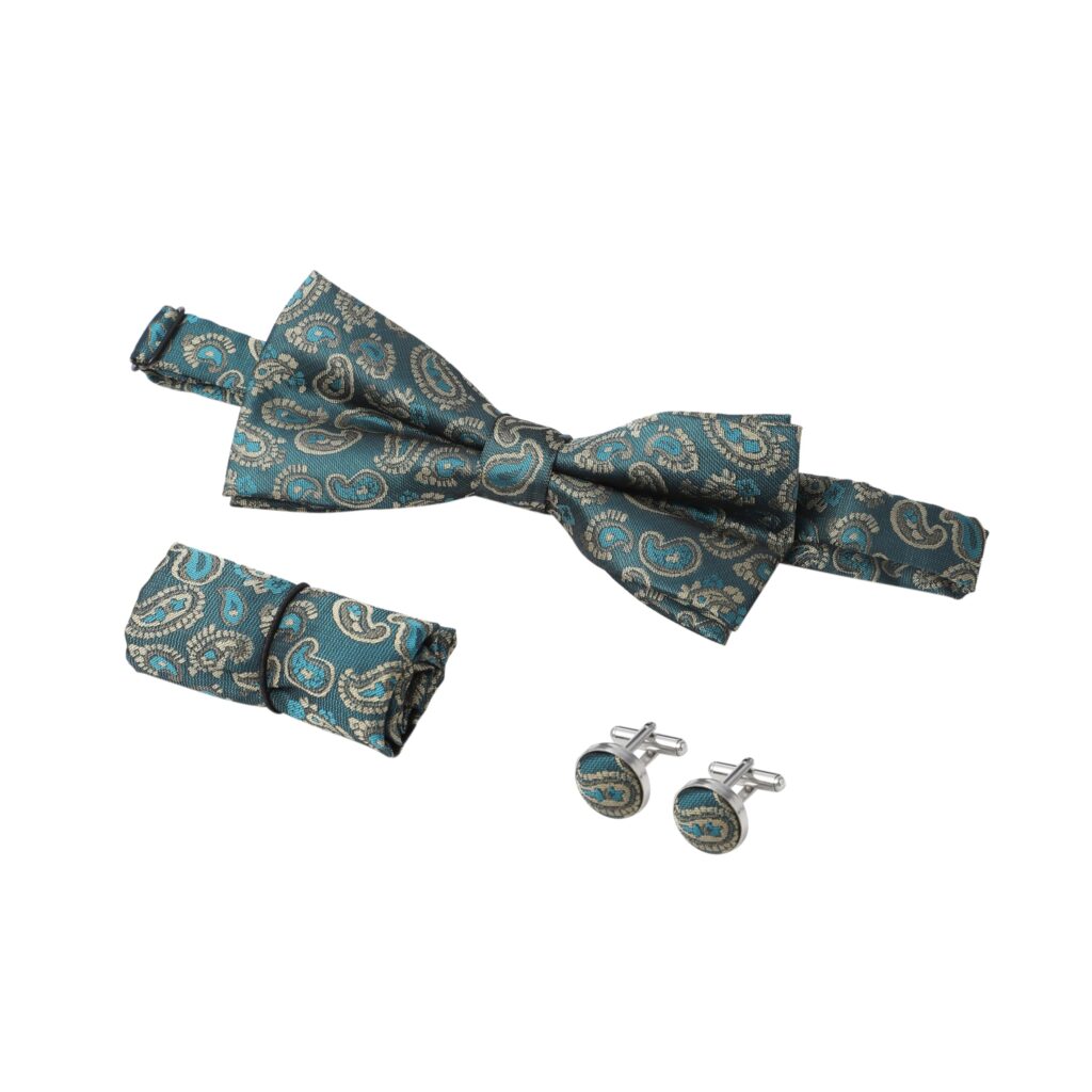 Bowtie Cufflinks Handkerchief Set Blue and Gold Floral Paisley Smart Wedding Party Suit Double Cuff Pair Pocket Square Pre Tied