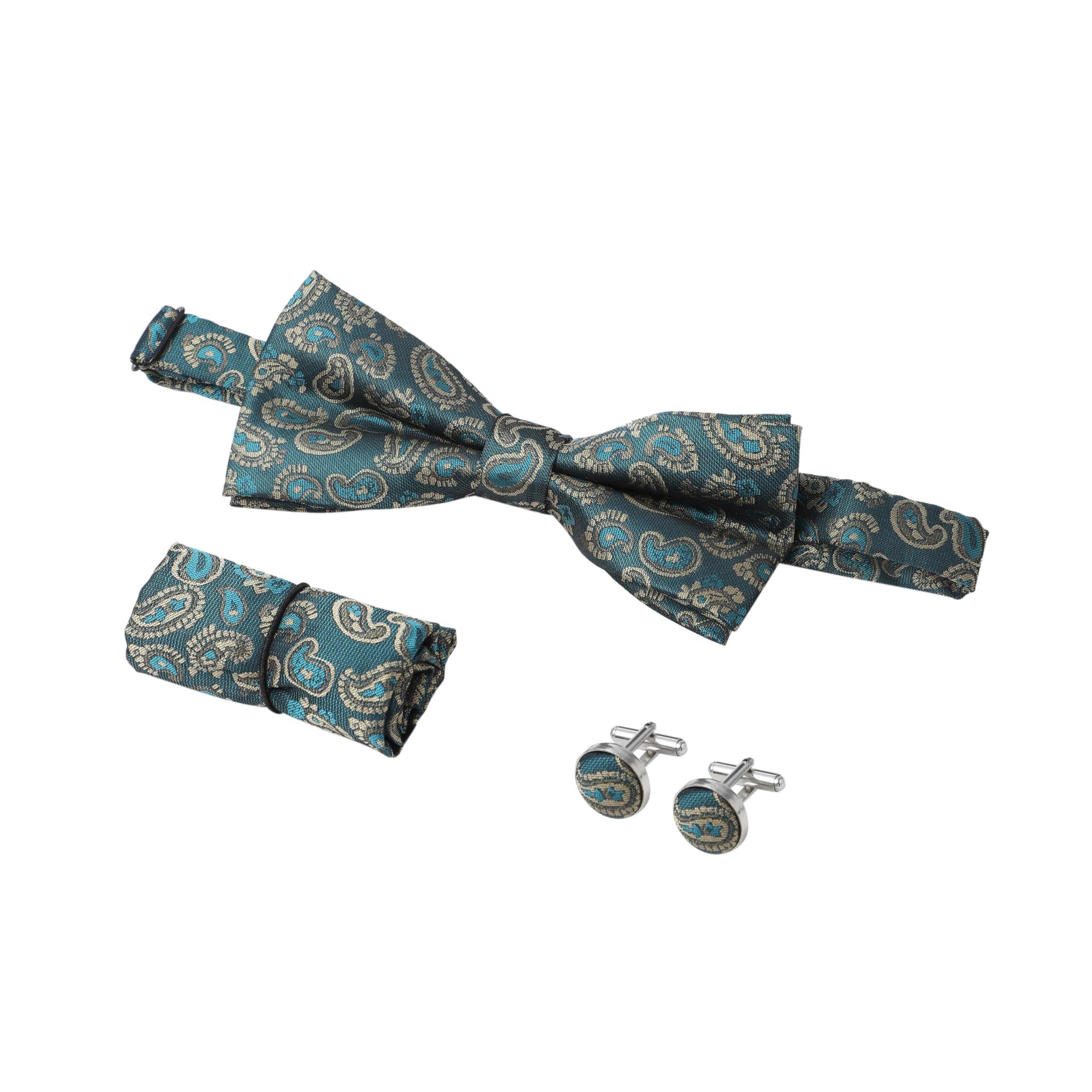 Bowtie Cufflinks Handkerchief Set Blue and Gold Floral Paisley Smart Wedding Party Suit Double Cuff Pair Pocket Square Pre Tied