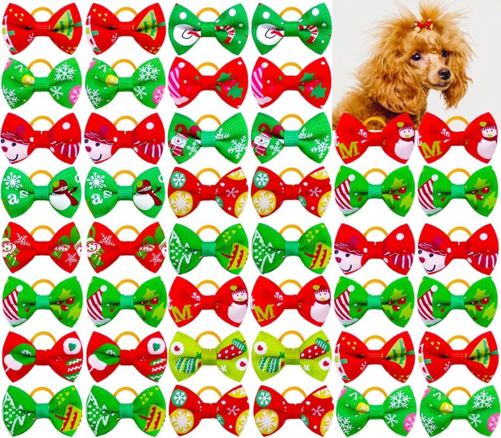 50 x Christmas Bow Hair Band Pet Accessories 14 Designs Tiny Small Puppy Dog Cat Winter Funny Cute Xmas Hairband Dress Up