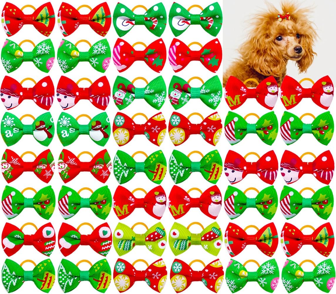 50 x Christmas Bow Hair Band Pet Accessories 14 Designs Tiny Small Puppy Dog Cat Winter Funny Cute Xmas Hairband Dress Up