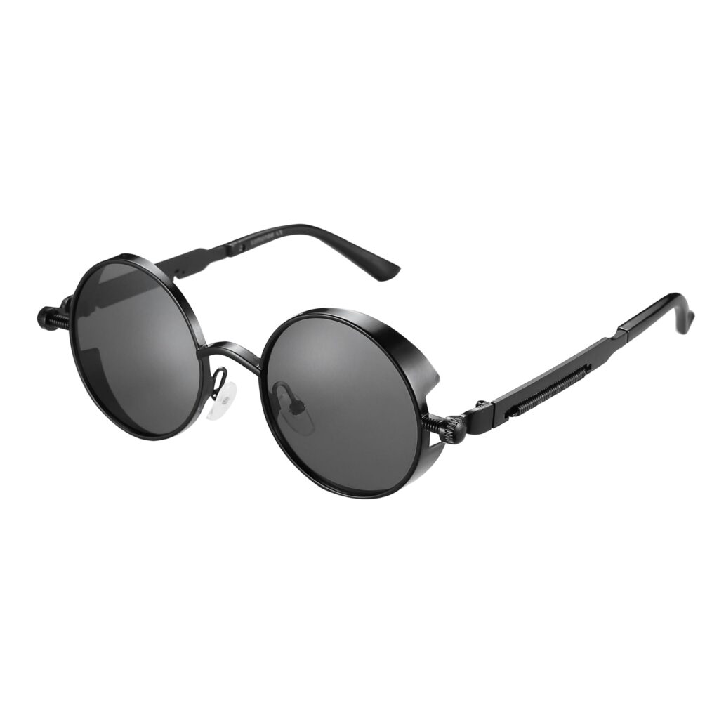 Black Metal Alloy Steampunk Sunglasses Luxury Folding Case Cleaning Cloth Round Circle