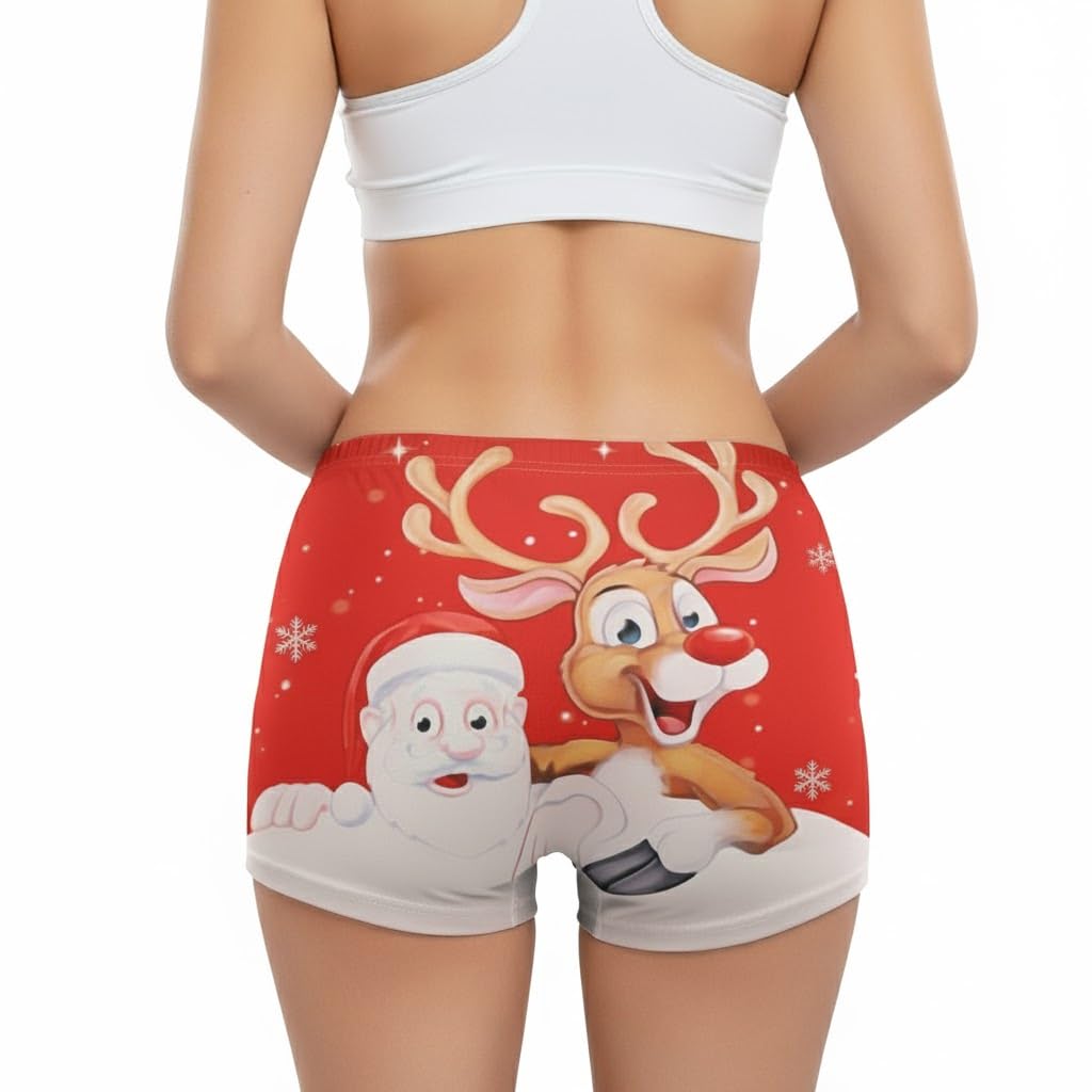 Christmas Booty Shorts Red Reindeer - Women's Cute Festive Xmas Short, Comfy Fun Mid-Rise Girls Lounge PJ Bottoms, Gift Stocking Filler Size 8-12