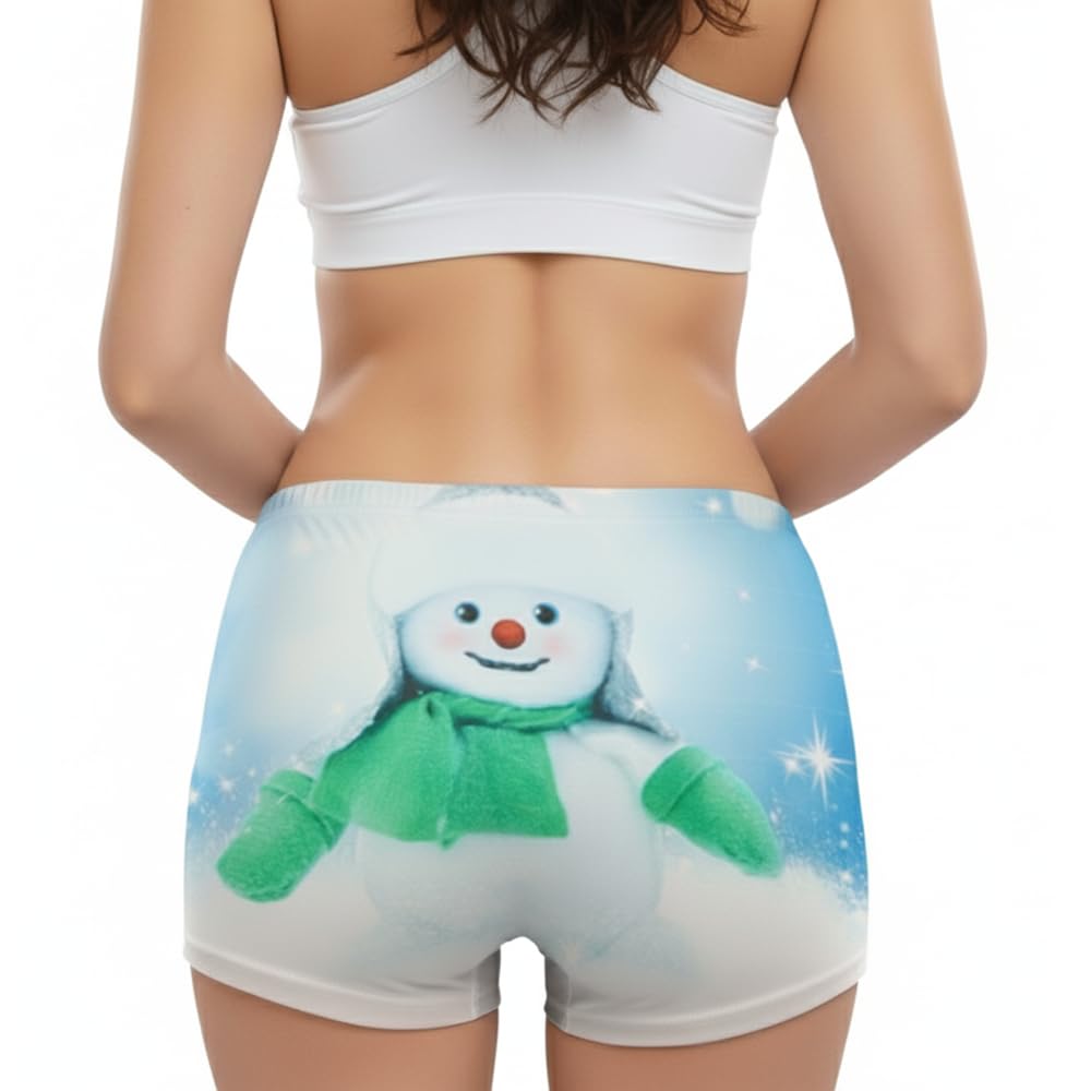 Christmas Booty Shorts Blue Snowman - Women's Cute Festive Xmas Short, Comfy Fun Mid-Rise Girls Lounge PJ Bottoms, Gift Stocking Filler Size 8-12