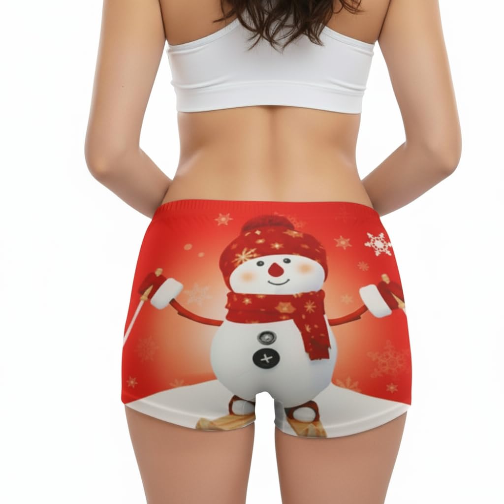 Christmas Booty Shorts Red Snowman Ski - Women's Cute Festive Xmas Short, Comfy Fun Mid-Rise Girls Lounge PJ Bottoms, Gift Stocking Filler Size 8-12