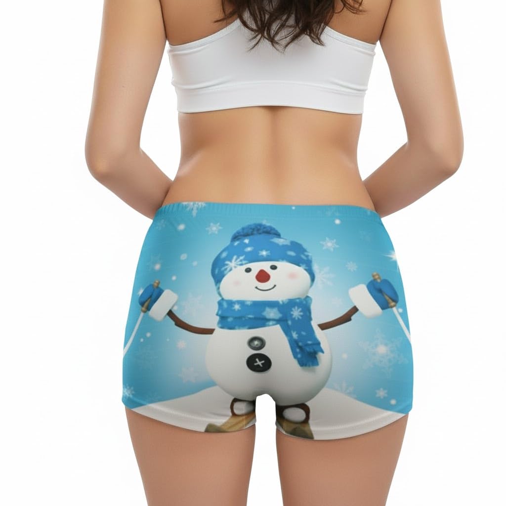 Christmas Booty Shorts Blue Snowman Ski - Women's Cute Festive Xmas Short, Comfy Fun Mid-Rise Girls Lounge PJ Bottoms, Gift Stocking Filler Size 8-12