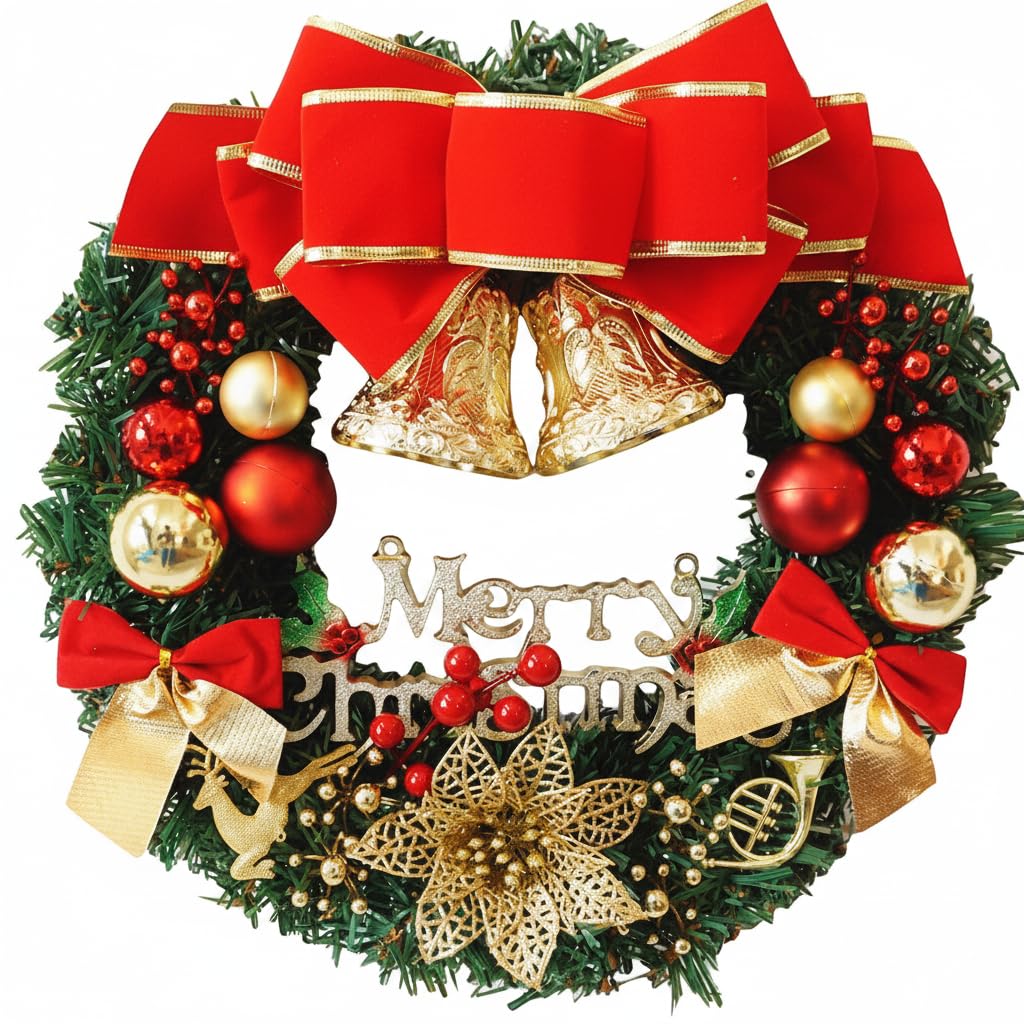 Traditional Christmas Wreath with Bells- 50cm /20" Large Artificial Floral Front Door Decoration - Festive Hanging Xmas Ornament Garland Style 1