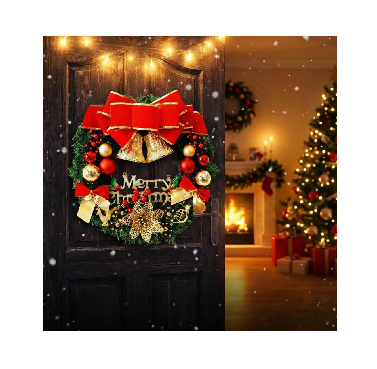 Christmas Wreath Traditional with Bells- 50cm /20" Large Artificial Floral Front Door Decoration - Festive Hanging Xmas Ornament Garland Style