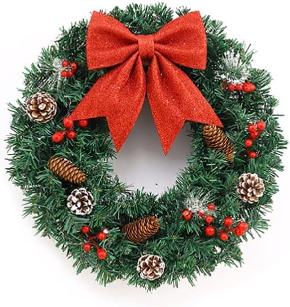 Traditional Christmas Wreath with Bow - 50cm /20" Large Artificial Floral Front Door Decoration - Festive Hanging Xmas Ornament Garland Style 4