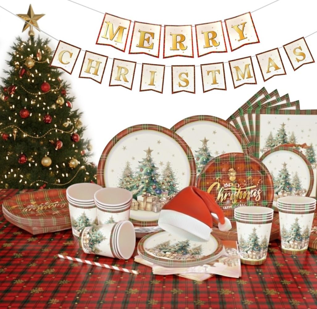 Christmas Party Supplies Tableware Dinner Set Disposable Dinnerware for 12 Guests 62pcs Includes Xmas Hats, Paper Plates, Cups, Napkins & Tablecloth Holiday Party Decorations for Family Friends