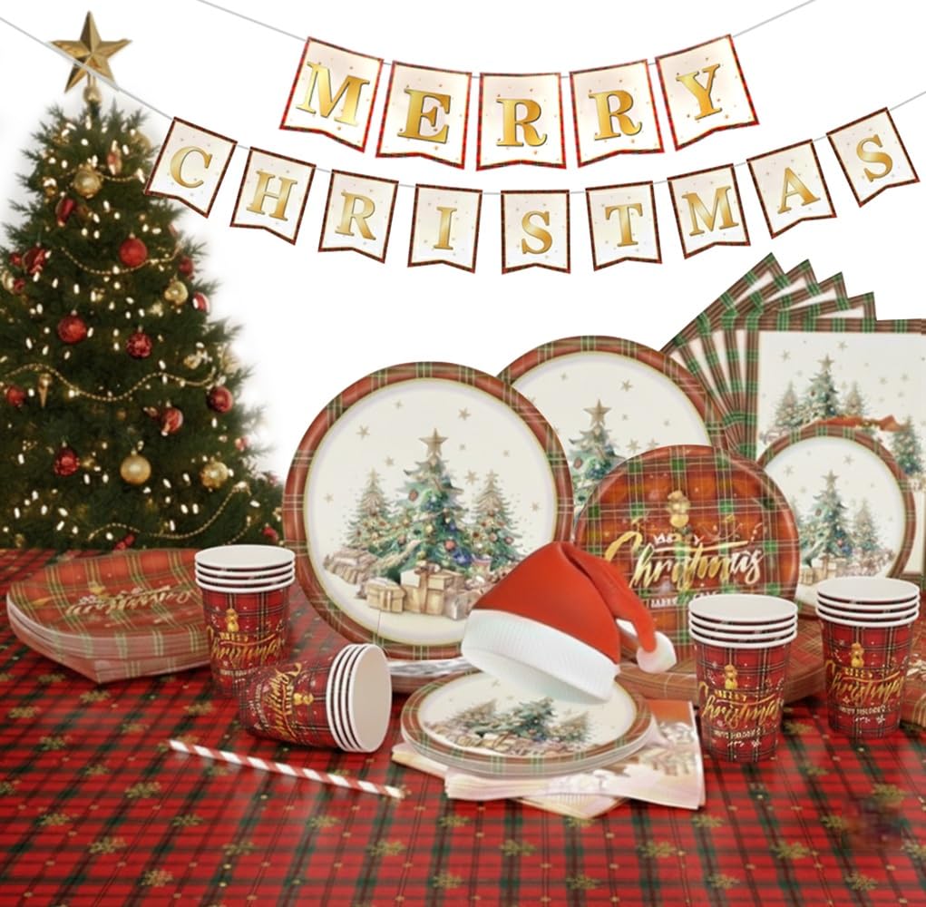 Christmas Party Supplies Tableware Dinner Set Disposable Dinnerware for 6 Guests 32pcs Includes Xmas Hats, Paper Plates, Cups, Napkins & Tablecloth Holiday Party Decorations for Family Friends