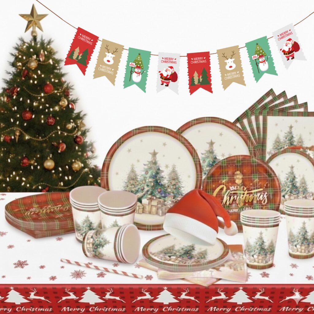 Christmas Party Supplies Tableware Dinner Set ? Disposable Dinnerware for 24 Guests ? 122pcs Includes Xmas Hats, Paper Plates, Cups, Napkins & Tablecloth ? Holiday Party Decorations for Family Friends