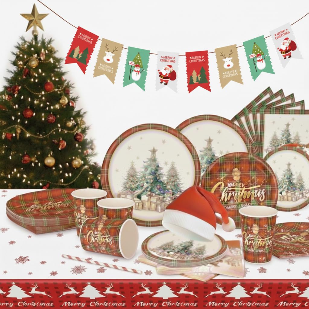 Christmas Party Supplies Tableware Dinner Set Disposable Dinnerware for 24 Guests 122pcs Includes Xmas Hats, Paper Plates, Cups, Napkins & Tablecloth Holiday Party Decorations for Family Friends