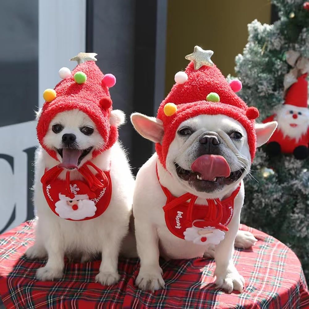 Dog Christmas Bib Hat Combo Puppy Small Dogs Warm Headwear Winter Funny Cute Xmas Dress Up Outfit Red