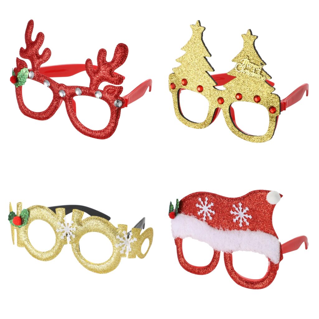4 x Christmas Novelty Glasses Sunglasses | Xmas Costume Eyewear Fancy Dress Up | Funny Festive Party Favours for Holiday Celebrations & Photo Booth Props for All Ages
