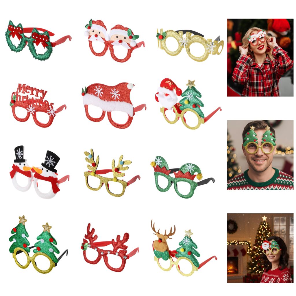 12 x Christmas Novelty Glasses Sunglasses | Xmas Costume Eyewear Fancy Dress Up | Funny Festive Party Favours for Holiday Celebrations & Photo Booth Props for All Ages
