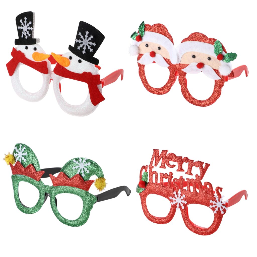 4 x Christmas Novelty Glasses Sunglasses | Xmas Costume Eyewear Fancy Dress Up | Funny Festive Party Favours for Holiday Celebrations & Photo Booth Props for All Ages