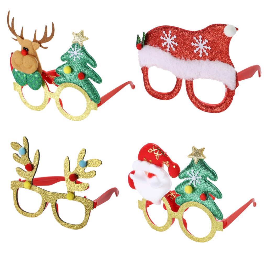 4 x Christmas Novelty Glasses Sunglasses | Xmas Costume Eyewear Fancy Dress Up | Funny Festive Party Favours for Holiday Celebrations & Photo Booth Props for All Ages