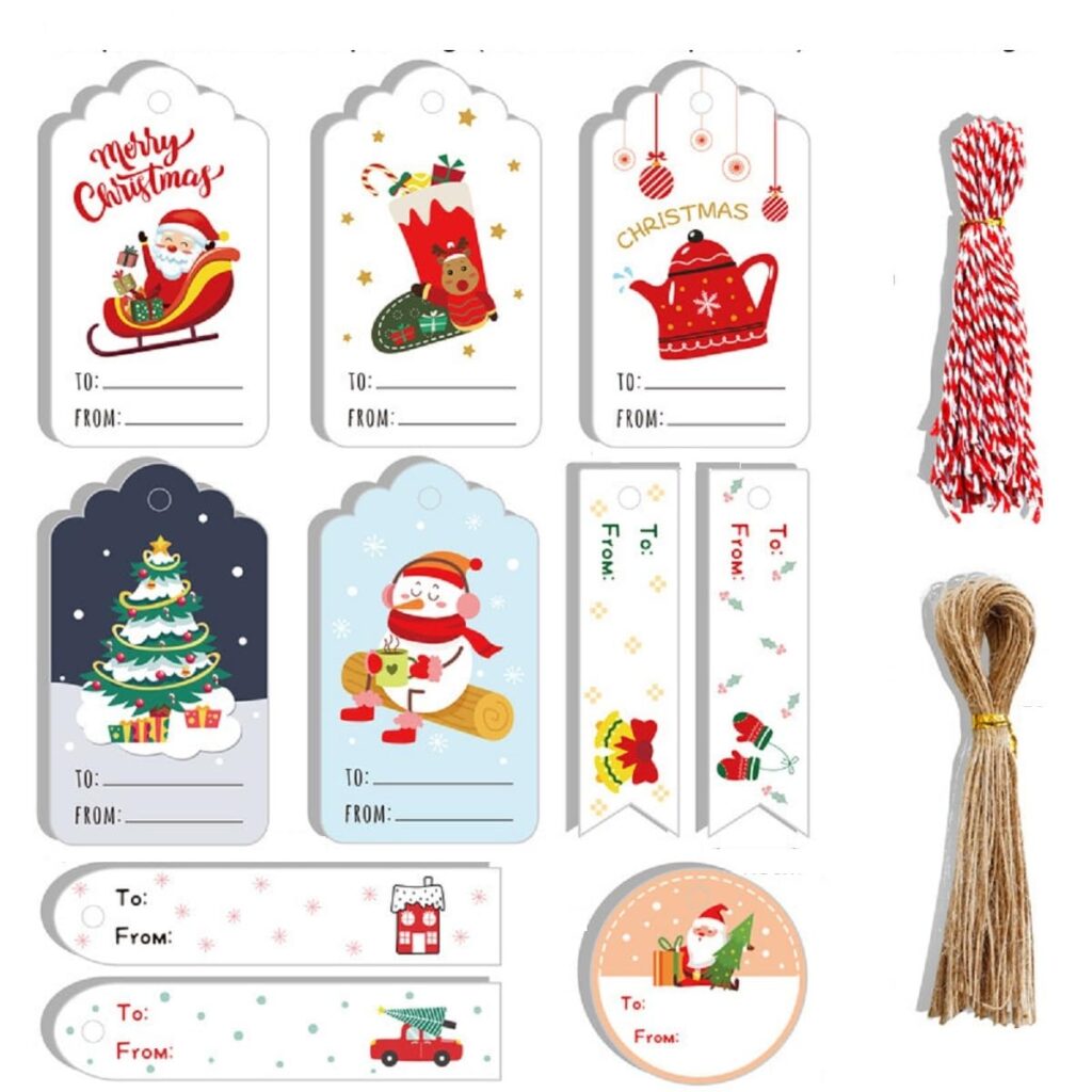 Christmas Tags 100 Pcs Set with String Cartoon Gift Xmas Hanging Present Craft Labels Set 17