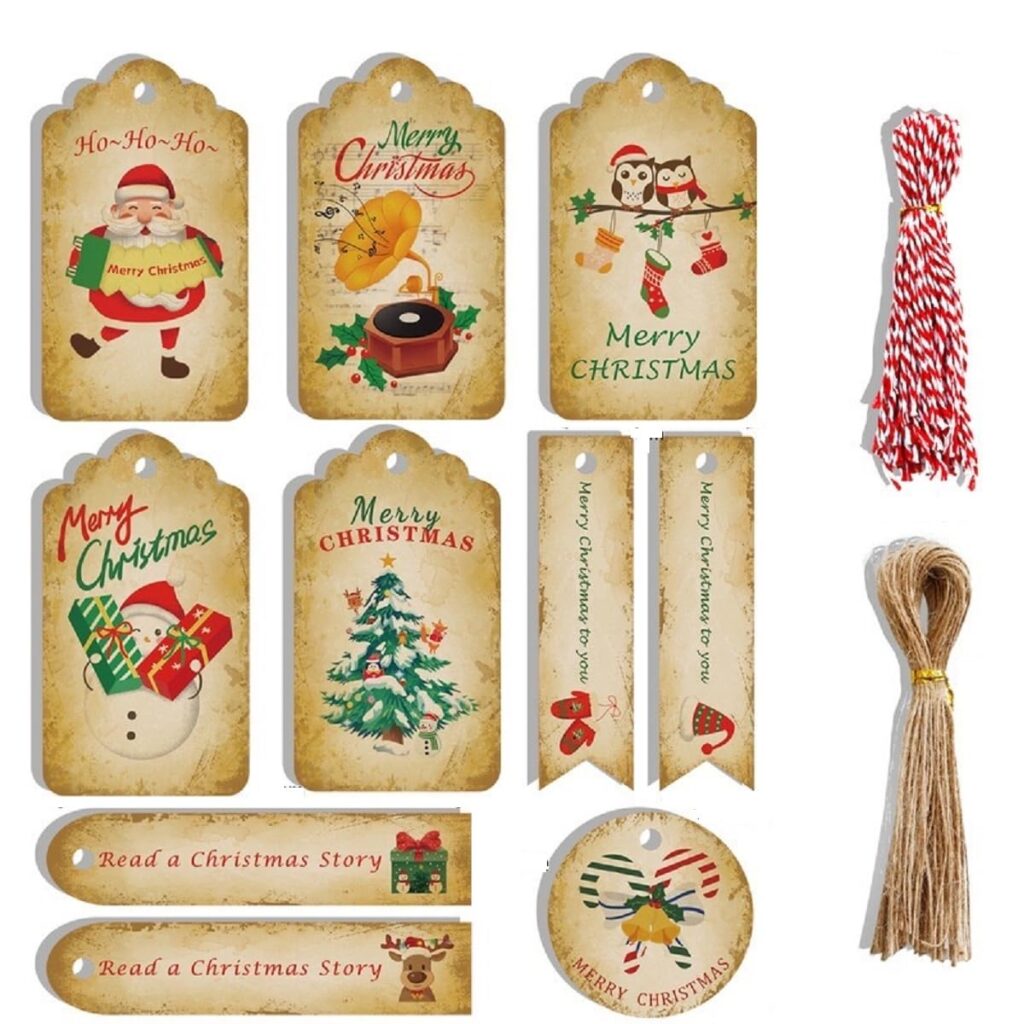 Christmas Tags 100 Pcs Set with String Retro Set Gift Xmas Hanging Present Craft Labels Set 20