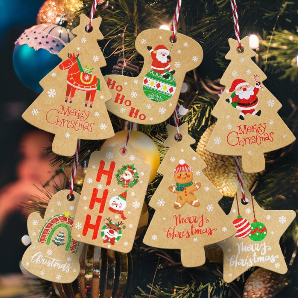 Christmas Tags 150 Pcs Set with String Traditional Trees and Decorations Gift Xmas Hanging Present Craft Labels Set 21