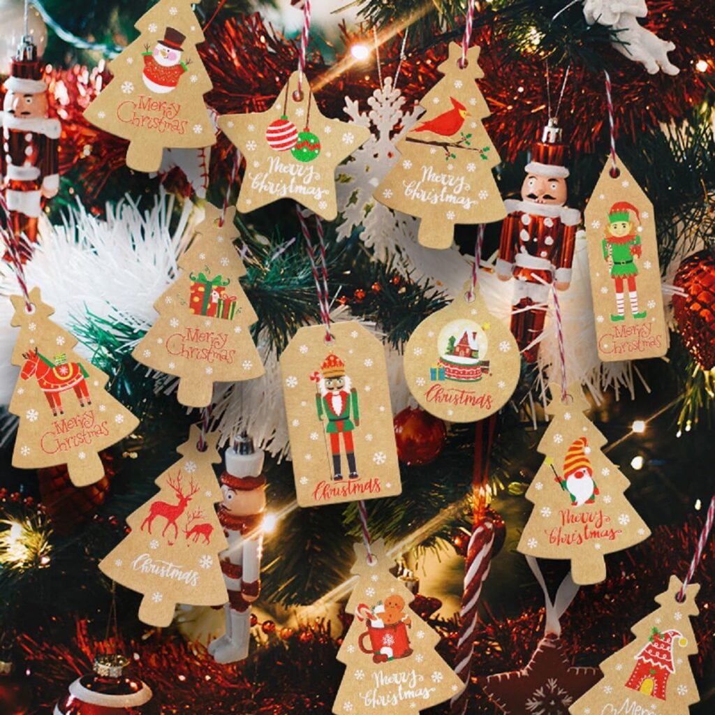 Christmas Tags 50 Pcs Set with String Traditional Trees and Decorations Gift Xmas Hanging Present Craft Labels Set 3